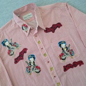 Las Olas Betty Boop Biker Striped Button Down Shirt Mens XL Red White Vintage
